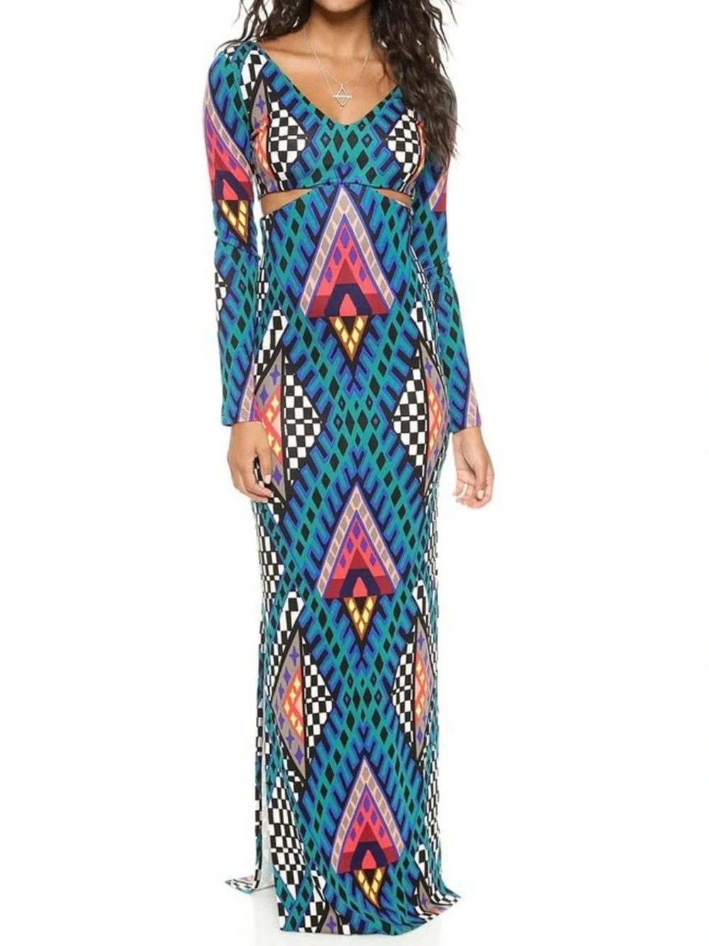Mara Hoffman Geometric Print Multicolor Cut-Out Long Sleeve Maxi Dress